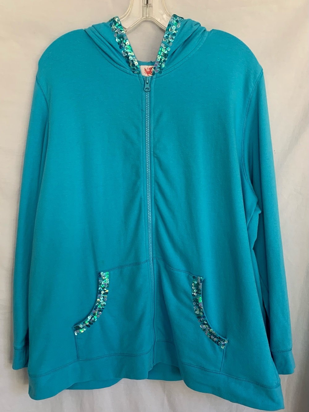 Quacker Factory Turquoise Sequin-Trim Zip Hoodie